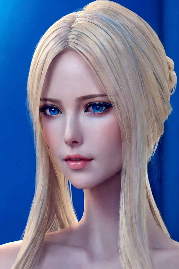 Create a Blonde Woman,In an elegant blue dress. She has pastel blue eyes, Elegant pose and cold expression