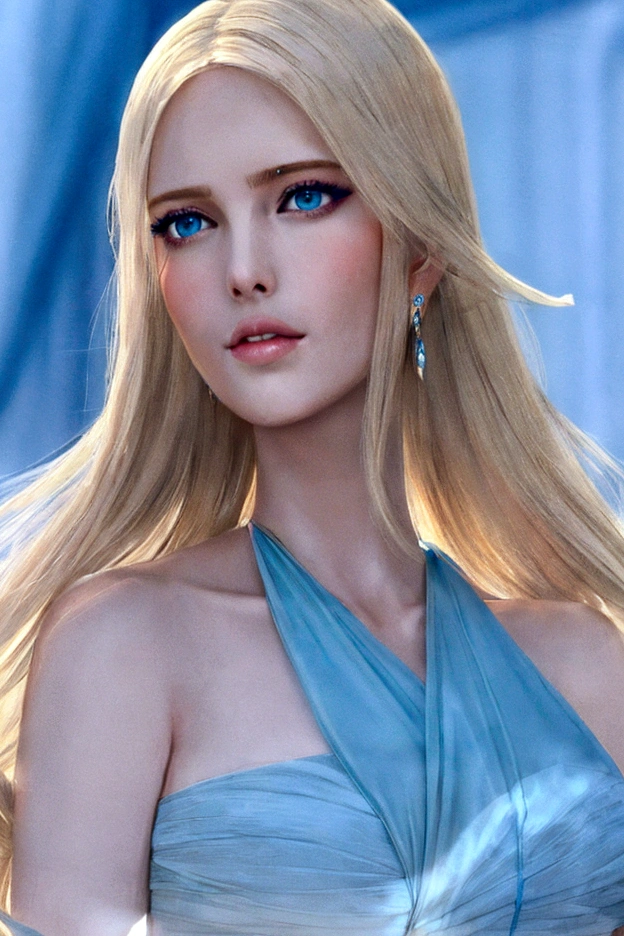 Create a Blonde Woman,In an elegant blue dress. She has pastel blue eyes, Elegant pose and cold expression