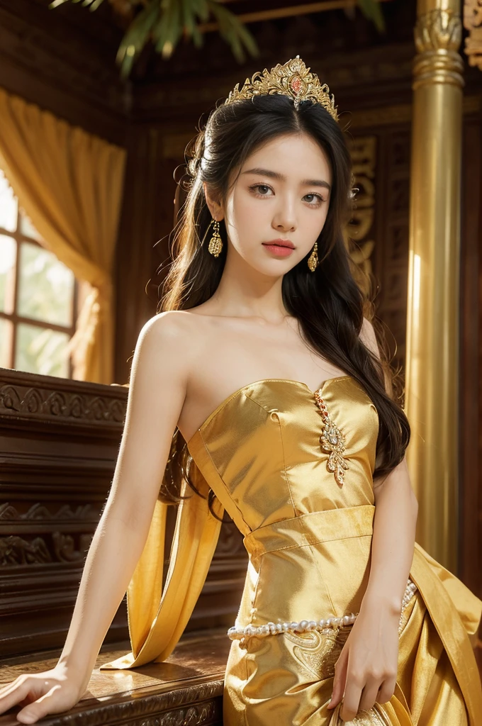 (((best quality))), (((ultra detailed))), (((masterpiece))), illustration, A Cambodian princess in traditional costume at Angkor Wat, beautiful,solo,slim,thin,flat chest,shoulder length straight hair, delicate features, bright eyes, graceful, dignity,gentle breeze, ancient temple ruins, Cambodian patterns, beads, pearls, luxurious dress, traditional sandals, national pride, small Cambodian flag, intricate carvings, historical significance, setting sun, golden glow, radiance, regal, beauty, cultural richness, Cambodia, resilience, pride, rich history, cultural heritage, diversity, traditions, values,upper body,from front