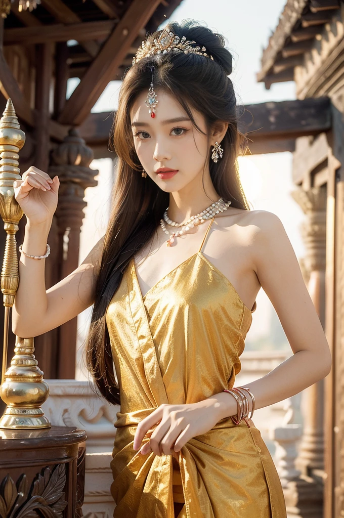 (((best quality))), (((ultra detailed))), (((masterpiece))), illustration, A Cambodian princess in traditional costume at Angkor Wat, beautiful,solo,slim,thin,flat chest,shoulder length straight hair, delicate features, bright eyes, graceful, dignity,gentle breeze, ancient temple ruins, Cambodian patterns, beads, pearls, luxurious dress, traditional sandals, national pride, small Cambodian flag, intricate carvings, historical significance, setting sun, golden glow, radiance, regal, beauty, cultural richness, Cambodia, resilience, pride, rich history, cultural heritage, diversity, traditions, values,upper body,from front