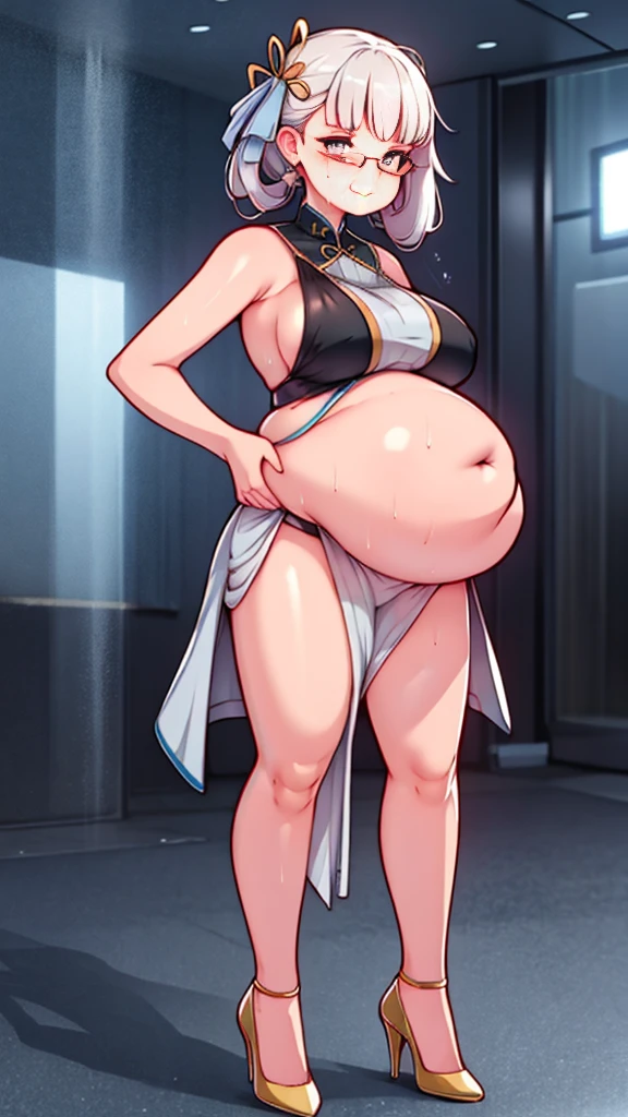 (Full body, glasses, detailed), An image of a pregnant girl with her belly on full display and high heels. She has a smug face. (She's very sweaty and steamy)