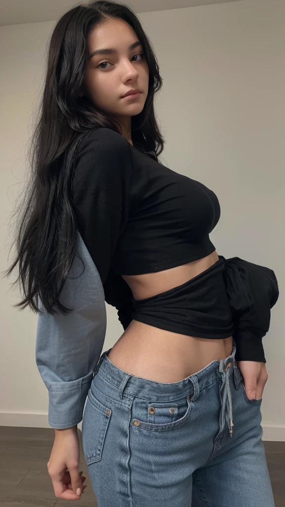 18 year old women ; long black hair ; black eyes; slim body; slighlty large less spaced breasts; slightly medium sized ass; girl is wearing a drawstring black color top that is half sleeve along with skin tight blue jeans; front view of girl standing