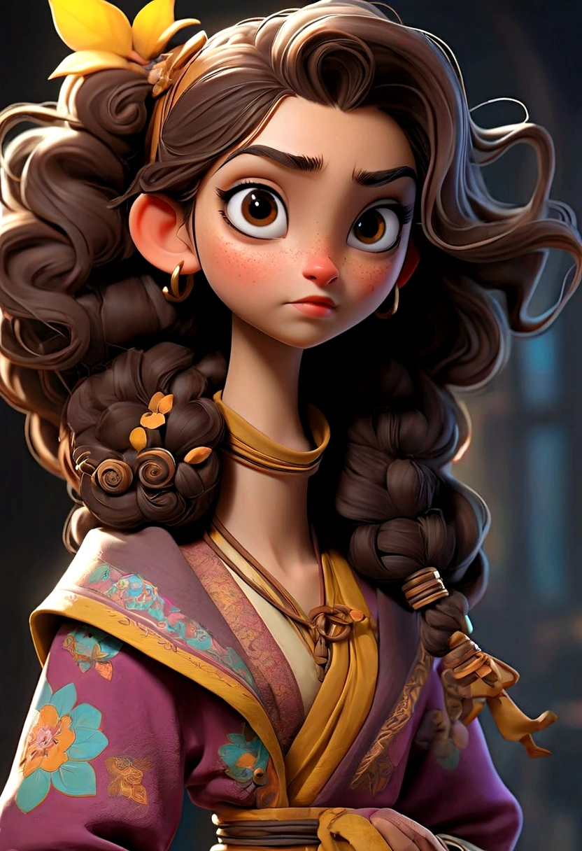 luna, a 12 years old girl, and she is 157cm tall, her hair is curly and brown that fall just above her shoulders often tied up in a pony tail with a few stray strands framing her face, her eyes are big, bright, round, she has a warm golden brown complexion, her face is heart shaped whit high cheek bones and pointed chin, she often wears colorful outfits with pattern and texture that reflect her artistic personality, she is always with a pair of goggles, perched on her forehead, she should be standing in other for her height to be seen.
