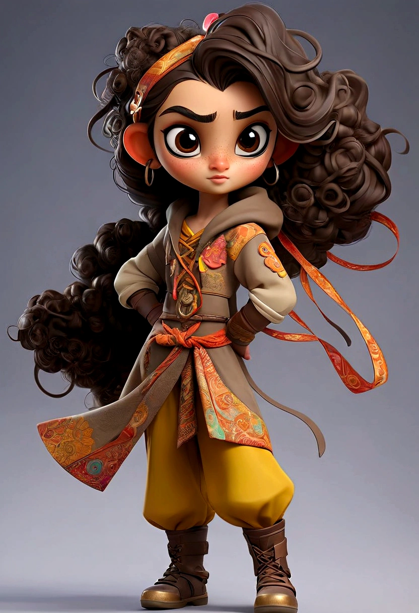 luna, a girl, and she is 157cm tall, her hair is curly and brown that fall just above her shoulders often tied up in a pony tail with a few stray strands framing her face, her eyes are big, bright, round, she has a warm golden brown complexion, her face is heart shaped whit high cheek bones and pointed chin, she often wears colorful outfits with pattern and texture that reflect her artistic personality, she is always with a pair of goggles, perched on her forehead, she should be standing in other for her height to be seen.