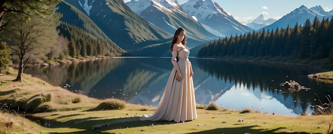 (masterpiece), (realistically), (Best quality), young beautiful girl adventurer,full length, face to screen, minimum clothing, fantastic landscape, the forest, fantastic mountains, distant lake,Beautiful setting, Tranquil environment, early morning light, enchanting and otherworldly, lost in a dreamy fairytale landscape, many colors, colorful birds, jaguar next to a girl, in the clearing