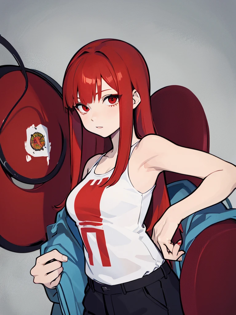 20-years old woman, red hair combed to the left side, red eyes
