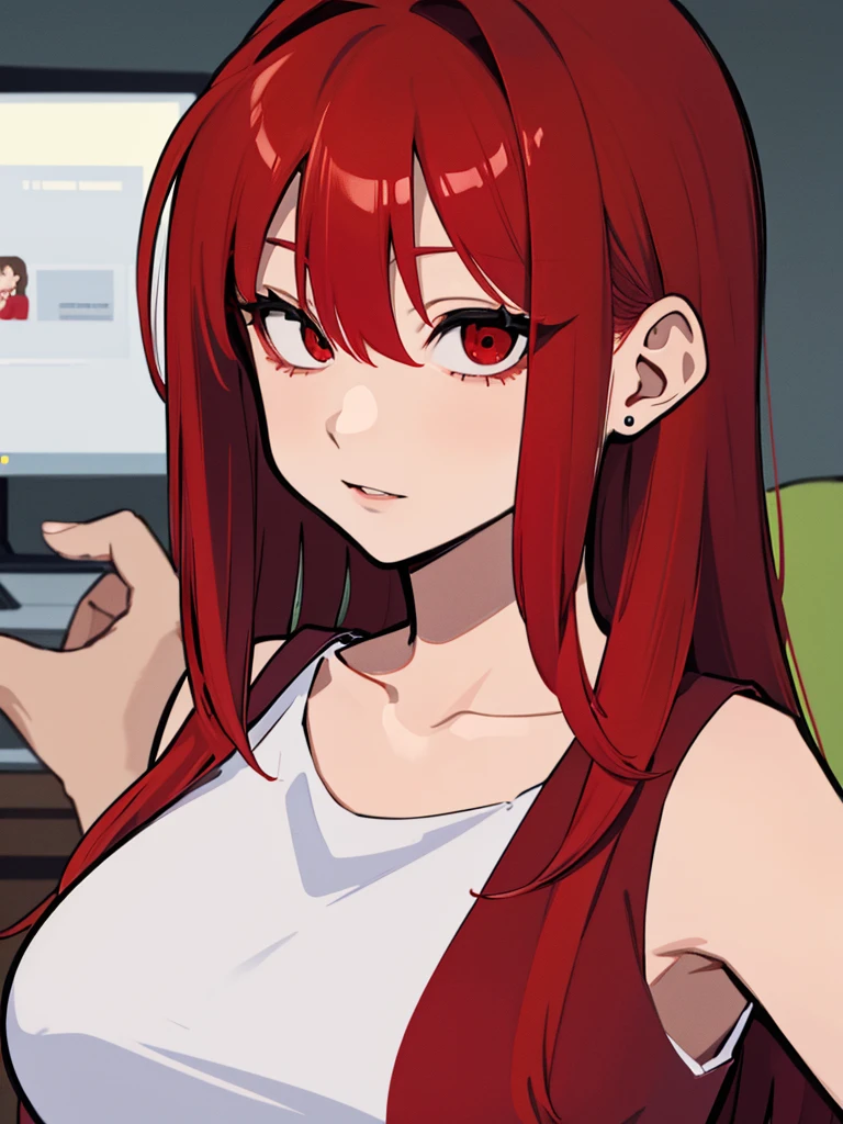 20-years old woman, red hair combed to the left side, red eyes