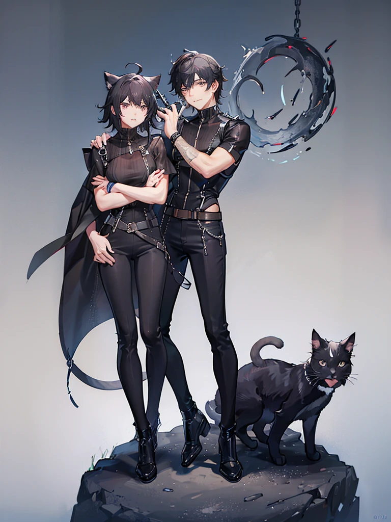 Male, Boy, Muscular, Black Hair, Serious Face, Short sleeve clothing, grey pants, Black boots, cat ears in hair