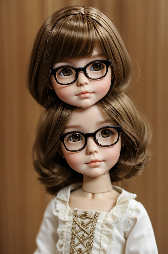 pale blythe doll, with short neck-length brown Wolf cut style hair without bangs and brown eyes with glasses