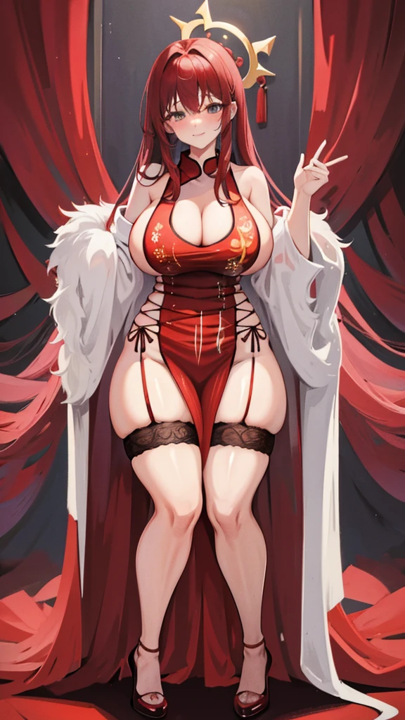 masterpiece , Highest quality , alone ,, Thick thighs , Huge hips , Long Chinese Dress smile Black garter belt Red High Heels Seductive pose