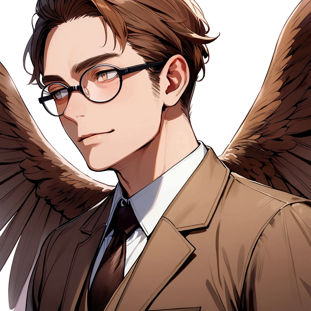 A man with brown hair wearing glasses and a brown suit with brown owl-like wings