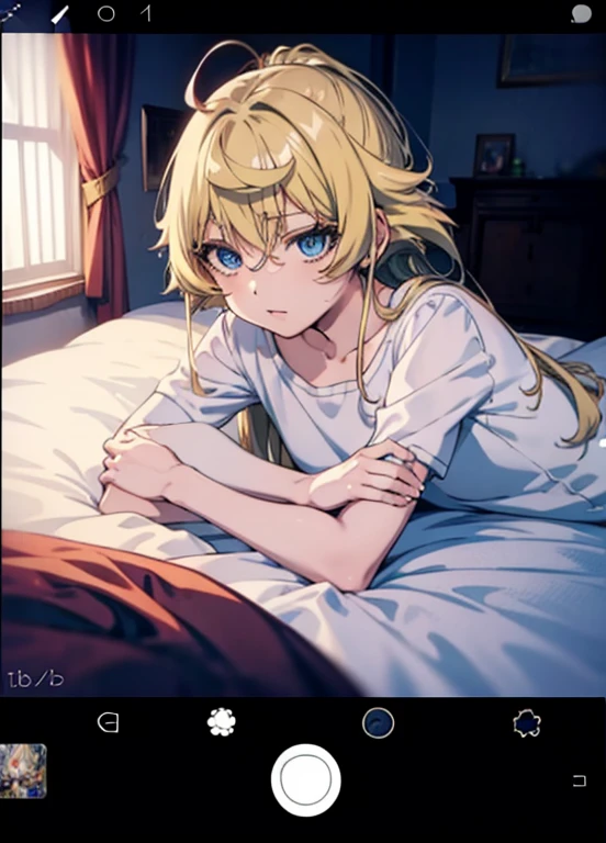 Anime cat girl with yellow hair and blue eyes is in love with a handsome man.