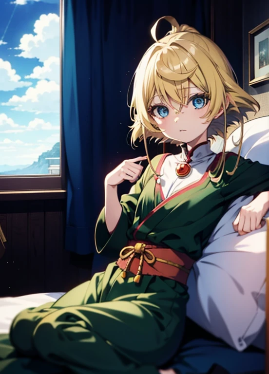 Anime character lying on bed with blue eyes and blonde hair, Anime drawing inspired by Yoshio Markino, Trending on pixiv, mingei, In the anime movie, Screenshot of the anime movie, Anime girl crouching, A shot from the anime movie, It is still an iconic anime today, The anime image is fixed, Screenshot from the anime Goro, Still from TV animation