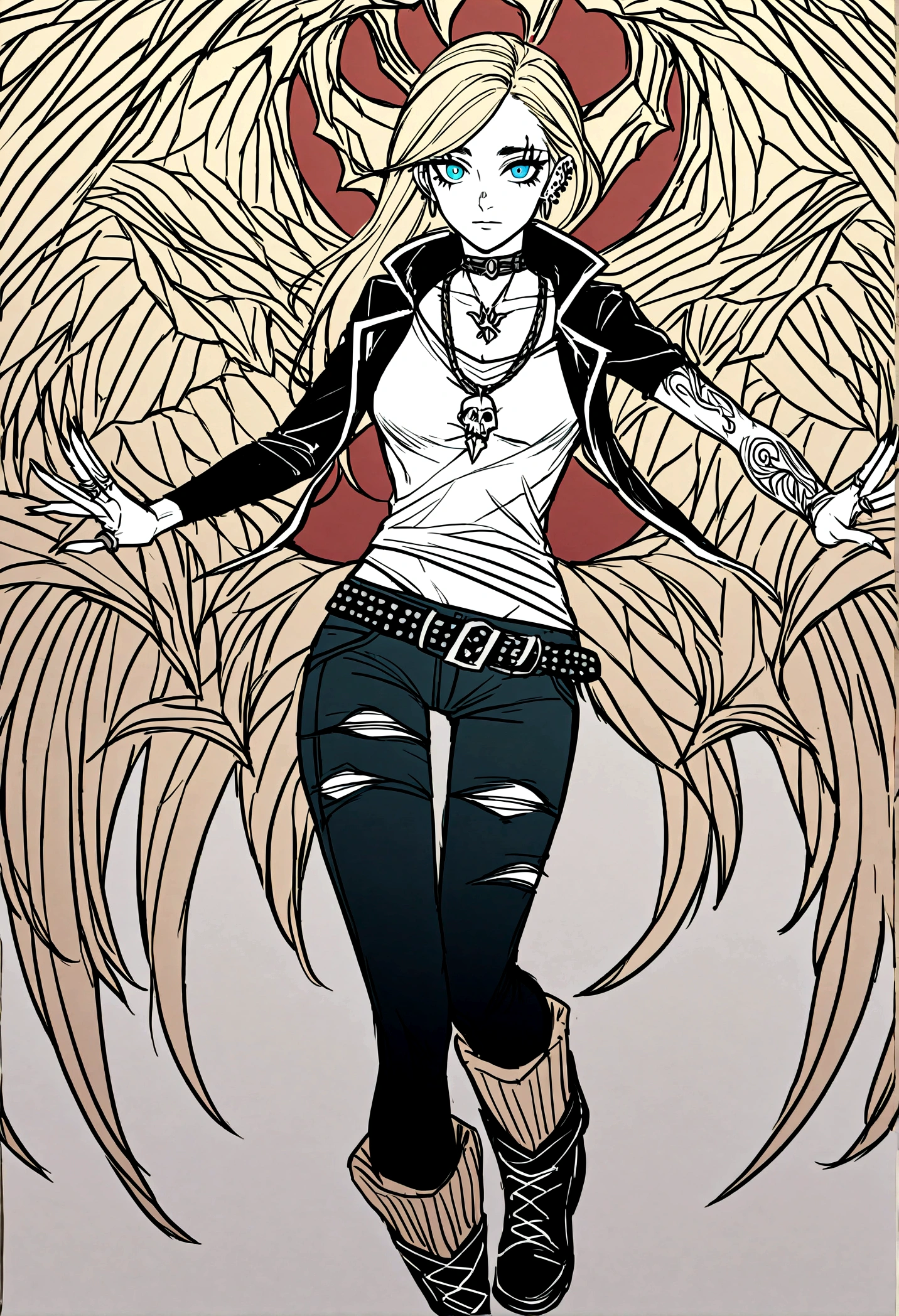 Imagine a young, rebellious woman with a detailed and striking design. She has a slim, athletic build, showcasing both her strength and agility. Her short, choppy hair is dyed a vibrant shade of blue, with a few stray locks falling into her eyes, adding to her edgy appearance.

Her face is adorned with several piercings: a nose ring, eyebrow piercing, and multiple earrings lining the edges of her ears. Her eyes are a fierce, electric green, framed by bold eyeliner and a confident gaze that challenges anyone who dares to cross her path.

Her attire is a mix of punk and street style: a black leather jacket covered in patches and studs, a ripped tank top underneath, and distressed jeans held up by a studded belt. On her feet, she wears combat boots that have seen better days, each scuff and scratch telling a story of past skirmishes.

Her body is a canvas of tattoos, each one a symbol of her defiance and individuality. A sleeve of intricate designs runs down her right arm, featuring skulls, roses, and abstract patterns. Across her knuckles, bold letters spell out a provocative word or phrase, further emphasizing her rebellious nature. On her back, a large, detailed piece depicts a phoenix rising from the ashes, symbolizing her resilience and ability to overcome adversity.

She carries a small, switchblade knife tucked into her boot, always ready to defend herself. Around her neck, a choker with a silver pendant adds a touch of rebellious flair. Her fingers are adorned with rings, each one unique and personal, from skull motifs to simple bands.

When she moves, it's with a confident, almost swaggering stride, her presence commanding attention. She embodies the spirit of rebellion, living life on her own terms and refusing to be tamed by society's rules.