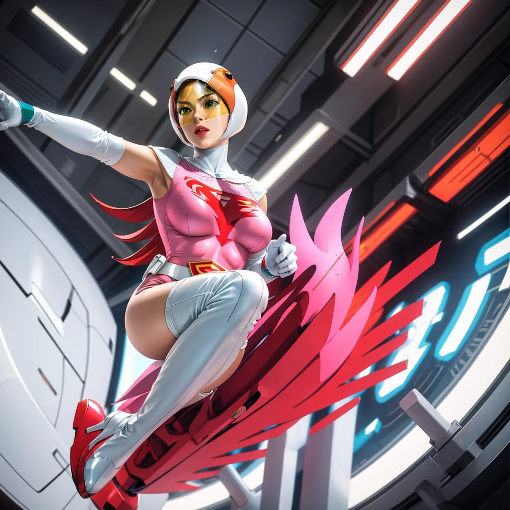 ANI_CLASSIC_jun_gatchaman_ownwaifu,1girl, 15 years old,good anatomy, masterpiece, best quality,realistic, hyperrealistic, 16k hdr,breasts,green eyes,lips,large breasts,lipstick,makeup,gloves,cape,helmet,belt,elbow gloves,white gloves,mask,ultra miniskirt,leotard,spacesuit,white tight overknee highheels boots,pink dress,superhero,bodysuit,cleavage,erected nipples,((jumping poses)),cameltoe