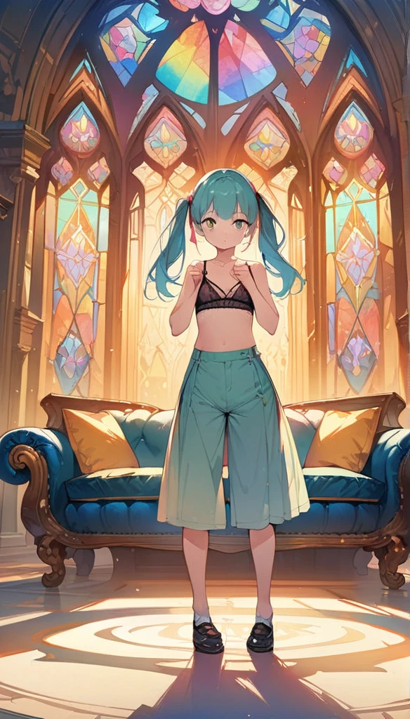 (masterpiece:1.8),(Highest quality:1.8),(Very detailed:1.8),(8k:1.8),(Ultra-fine Illustration:1.5),,,Straight low twintail,Flat Chest,Small Ass,(High-grade ,,lingerie:1.4),(Prayer Pose:1.5),Vintage sofa,,(Full body angle), Stained glass, Rainbow Gradient, Foundation, (bra:1.3), (lingerie,culottes:1.3),