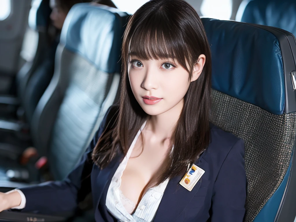 (masterpiece:1.3)、Super detailed finish、(High resolution、8k:1.3)、(highest quality)、(Super realistic like a photo:1.3)、correct limbs、anatomically correct, The face is in focus、close up on face:1.1、 ultra high definition face、Face is in focus、Ultra high definition and beautiful eyes、focused eyes、Eyes are symmetrical:1.3、High-definition and beautiful skin、firm skin、Ultra high definition hair texture、Japanese high school girl、17 years old、very cute, short hair,  cabin attendant, (Japan Air Line cabin attendant uniforms:1.3), in a airplane, (sitting on floor:1.1), small breast, C cup、cleavage, (embarrassed:1.3), (blush:1.3), (Strange look:1.3), Awkward pose:1.3、dynamic pose, Mr.々shooting angle:1.3, looking at viewer:1.2