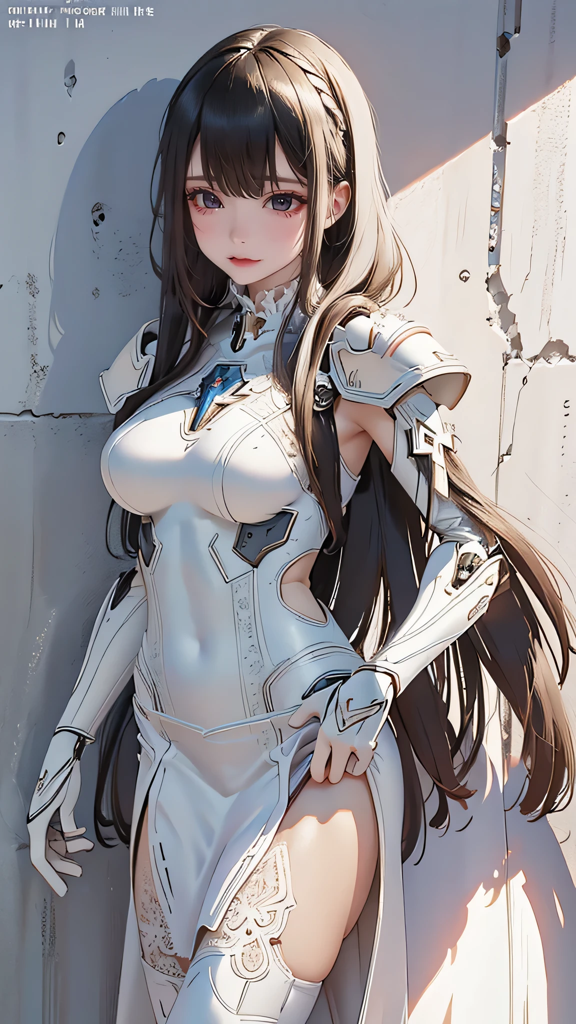 (dynamic fighting pose),(leather boots,(asymmetrical mecha armor),(long embroidered white lace dress,see through,lift up the hem of the dress)),(random hairstyle),(Thin type:1.8),(large breasts),(Highest image quality,(8K), Ultra-realistic, Best Quality, High quality, High Definition, high quality texture, high detailing, Beautiful detailed, fine detailed, extremely details CG, Detailed texture, realistic representation of face, masterpiece, presence)