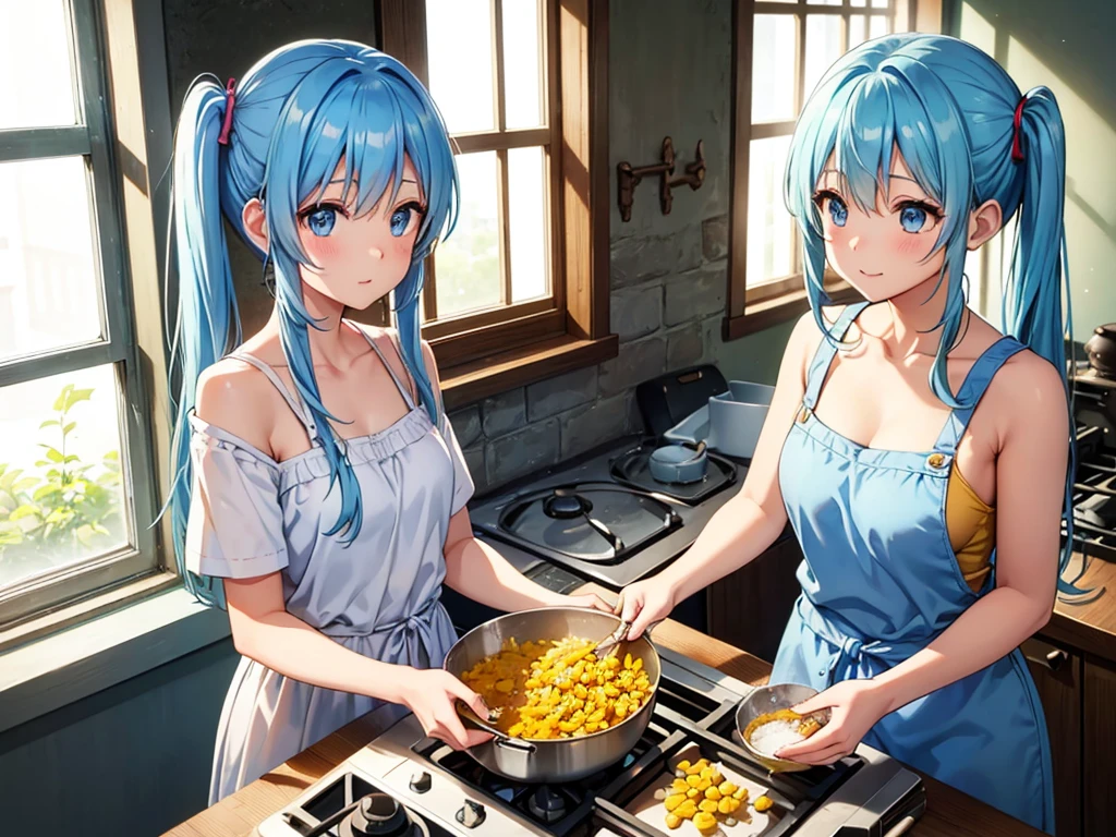 A beautiful girl with long light blue hair and twin tails is cooking corn in a bright kitchen. She seems to be enjoying cooking. There are many marigolds on the windowsill. The morning sun is shining in.