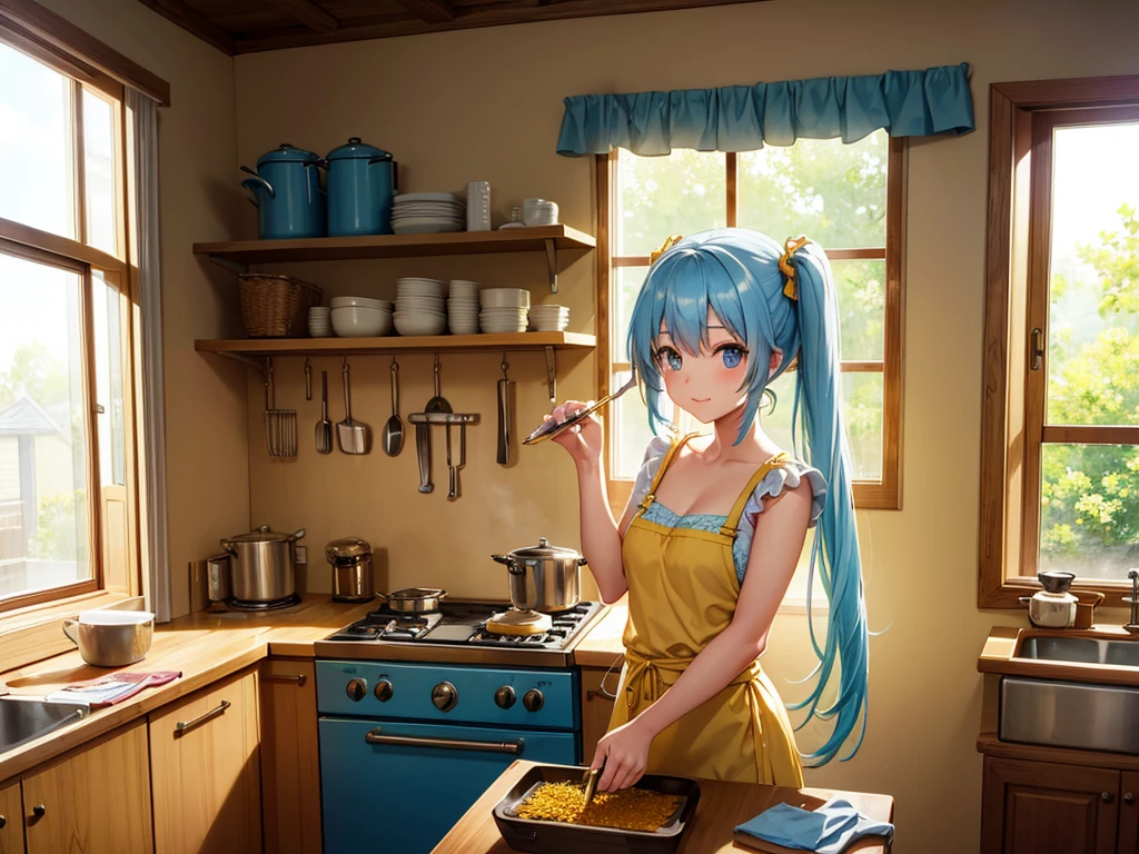 A beautiful girl with long light blue hair and twin tails is cooking corn in a bright kitchen. She seems to be enjoying cooking. There are many marigolds on the windowsill. The morning sun is shining in.