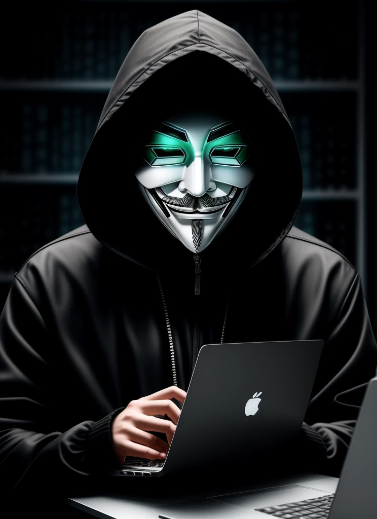 Anonymous hacker tampering with a laptop, 8K (High quality1,1) Evil Artificial Intelligence