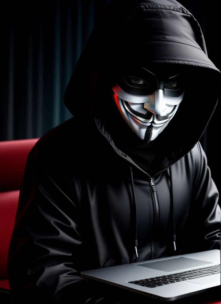 Anonymous hacker tampering with a laptop, 8K (High quality1,1) Evil Artificial Intelligence