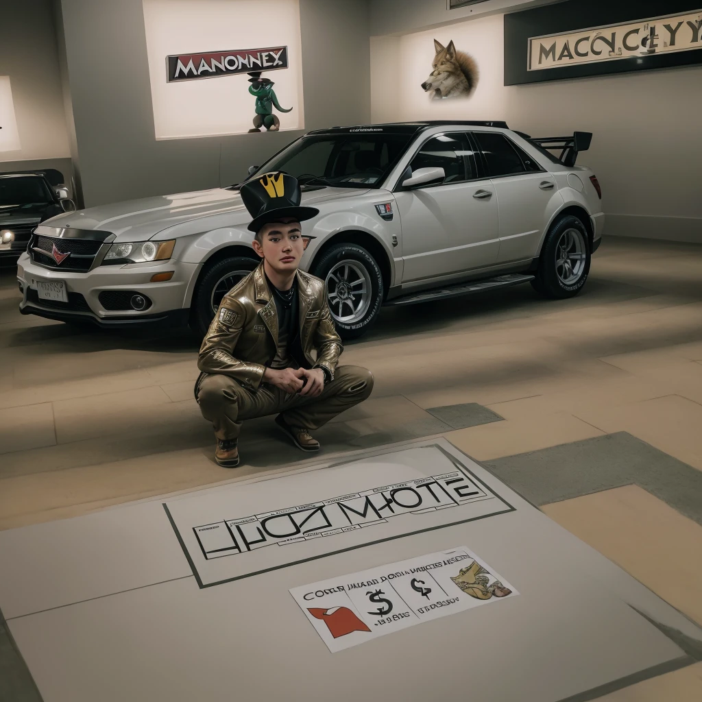 coyote with his friends ricky corner, mac duck and monopoly with lots of money in dollars and luxury cars
