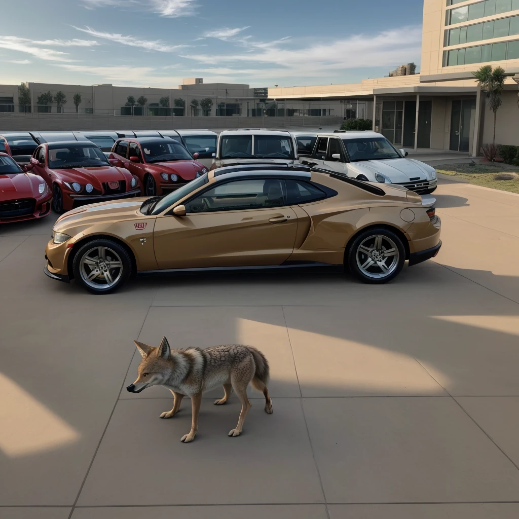coyote with his friends ricky corner, mac duck and monopoly with lots of money in dollars and luxury cars