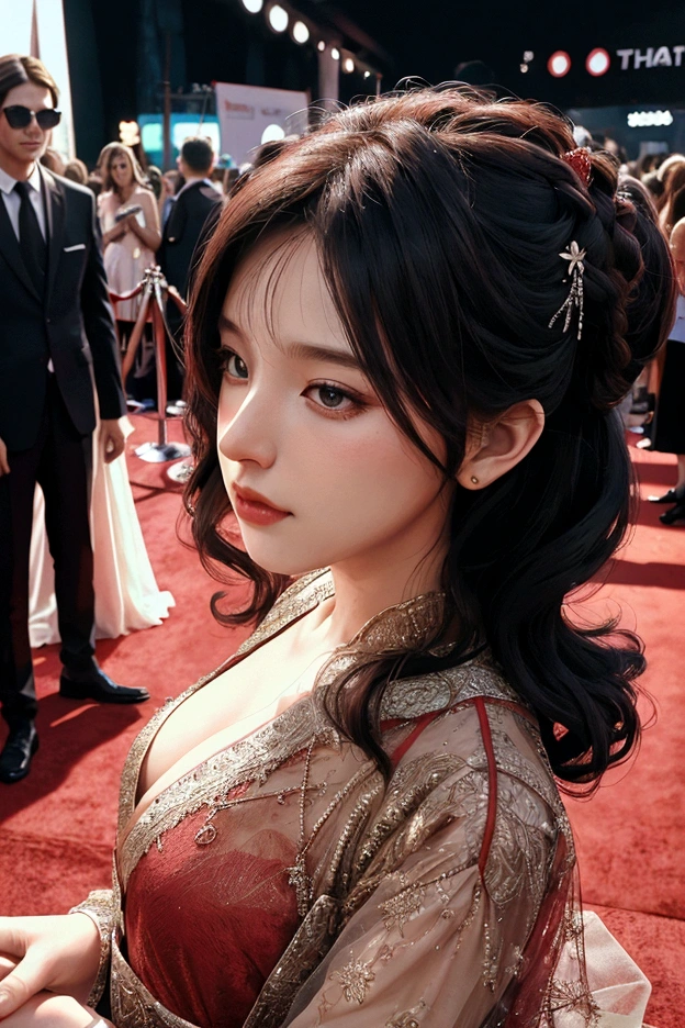 1 woman, 1 man, ideal , dress, Red carpet background, couple, Instagram Filter,