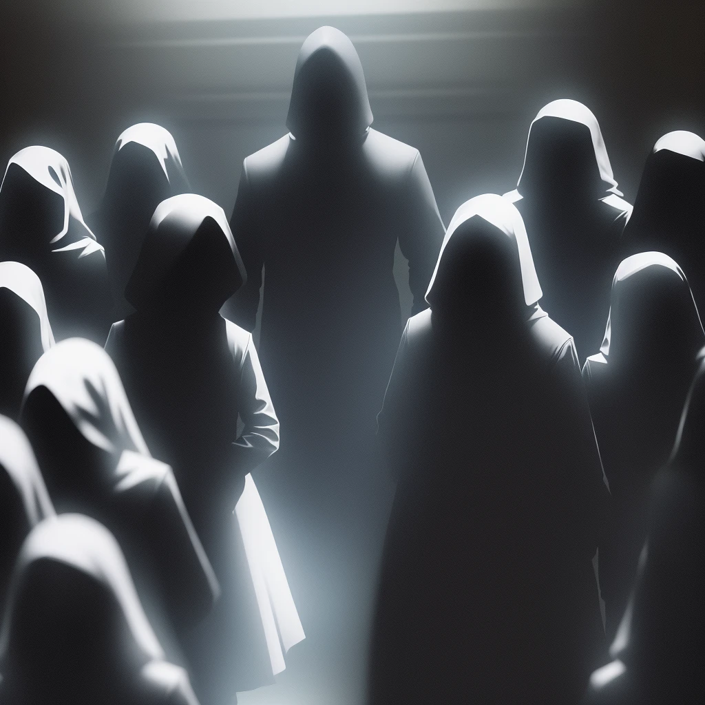 There were many shadowy figures in the dark room., Secret government agent, Hundreds of people々, Secret Meeting, No face, Anonymous person, Many people々