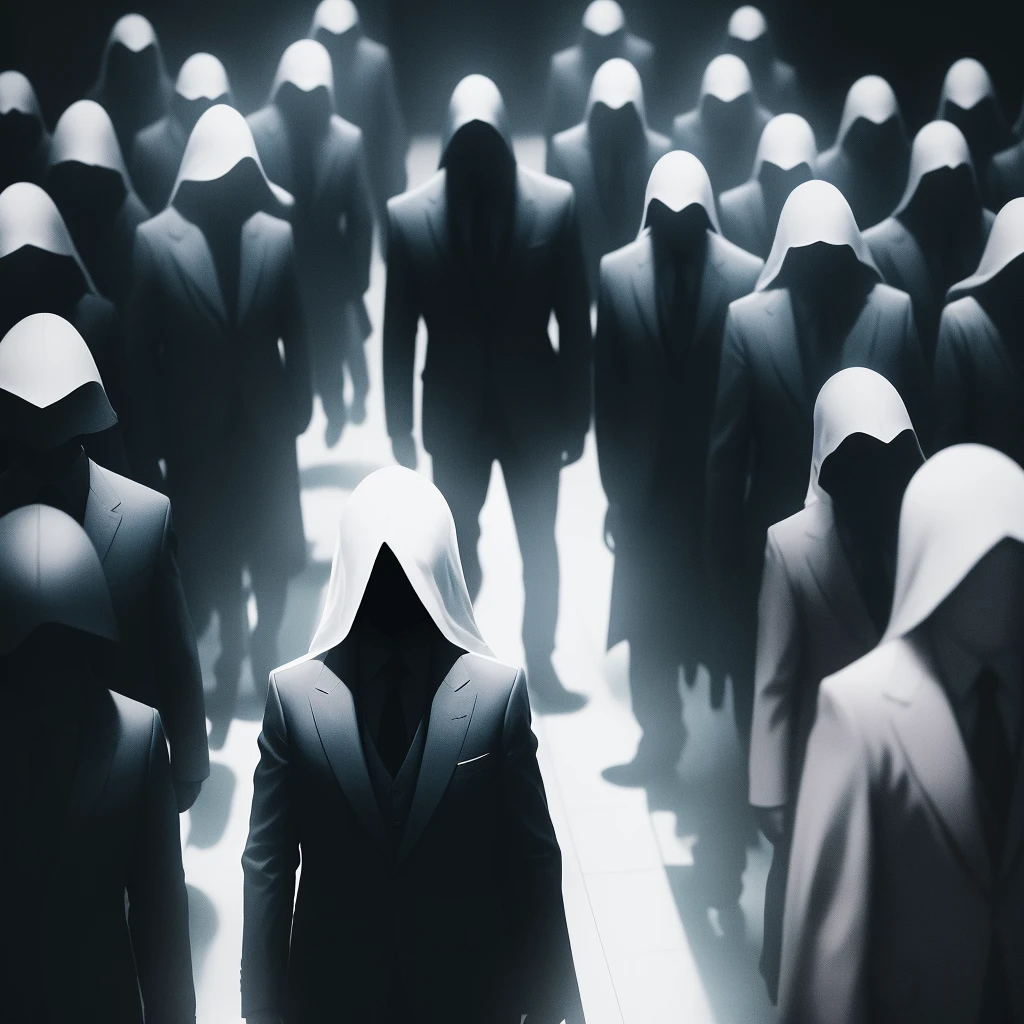 There were many shadowy figures in the dark room., Secret government agent, Hundreds of people々, Secret Meeting, No face, Anonymous person, Many people々