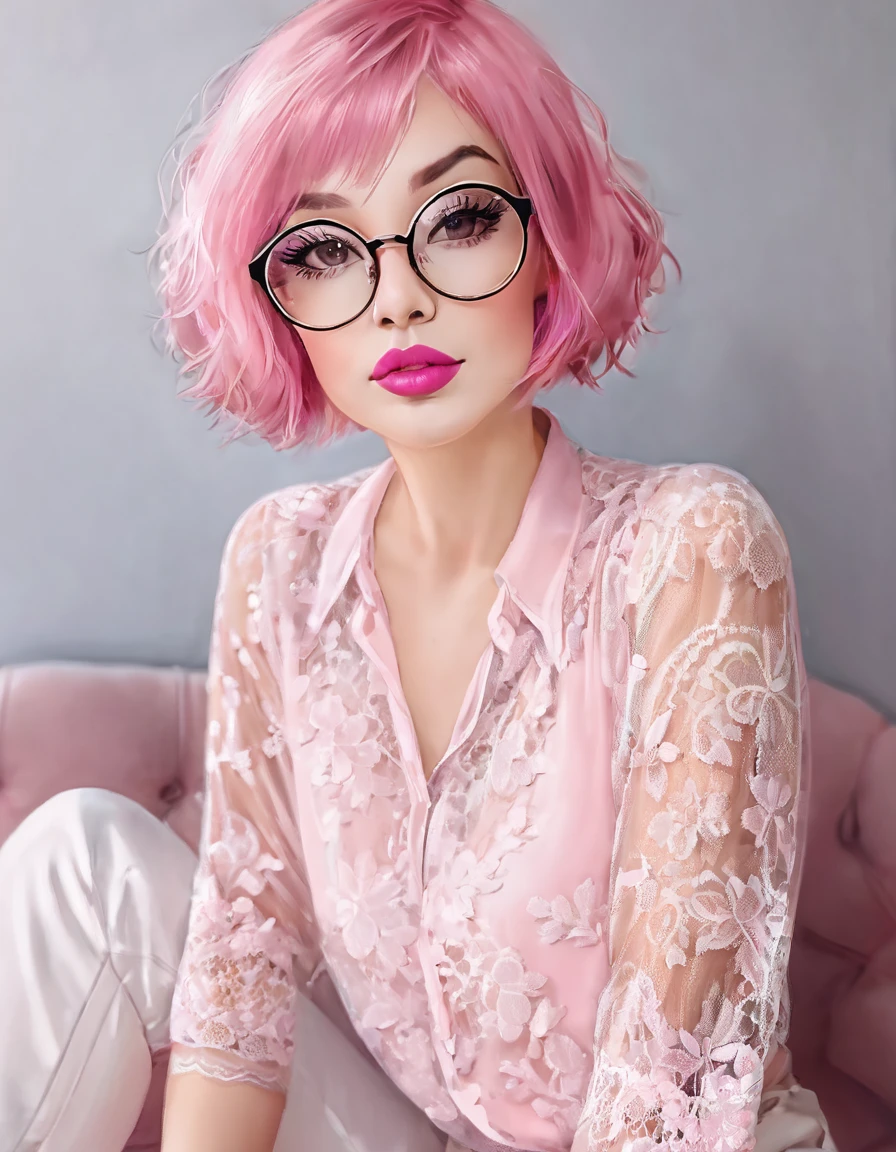 Beautiful girl 41 years old short pink hair shoulder length makeup pink lipstick small round glasses white lace shorts and pink lace blouse full body 