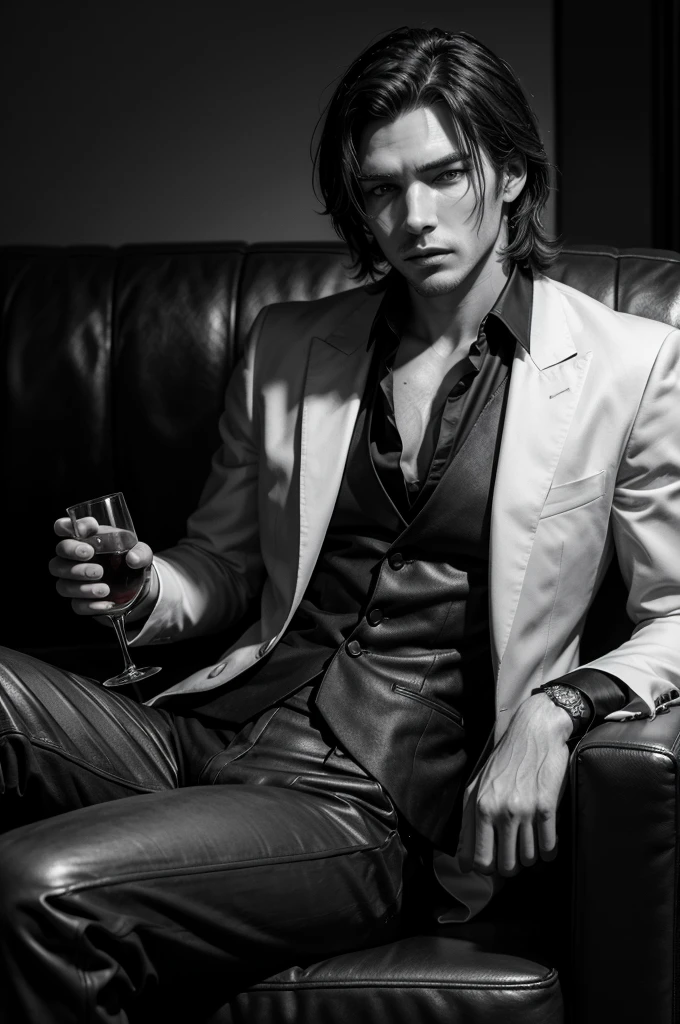 a black and white photo of a man sitting on a couch holding a glass, handsome guy in demon slayer art, sylas, handsome male vampire, epic and classy portrait, male vampire, commission for high res, jesse mccree, jacen solo, male art, artstation mans aesthetic, style of charlie bowater, as a character in tekken, neo noir style. ((Best Quality, 8K, Masterpiece:1.3)). Hyperdetailed photograph
