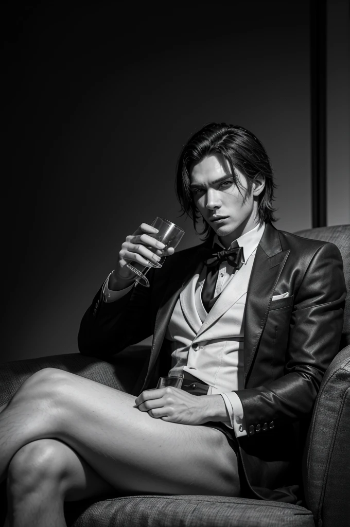 a black and white photo of a man sitting on a couch holding a glass, handsome guy in demon slayer art, sylas, handsome male vampire, epic and classy portrait, male vampire, commission for high res, jesse mccree, jacen solo, male art, artstation mans aesthetic, style of charlie bowater, as a character in tekken, neo noir style. ((Best Quality, 8K, Masterpiece:1.3)). Hyperdetailed photograph