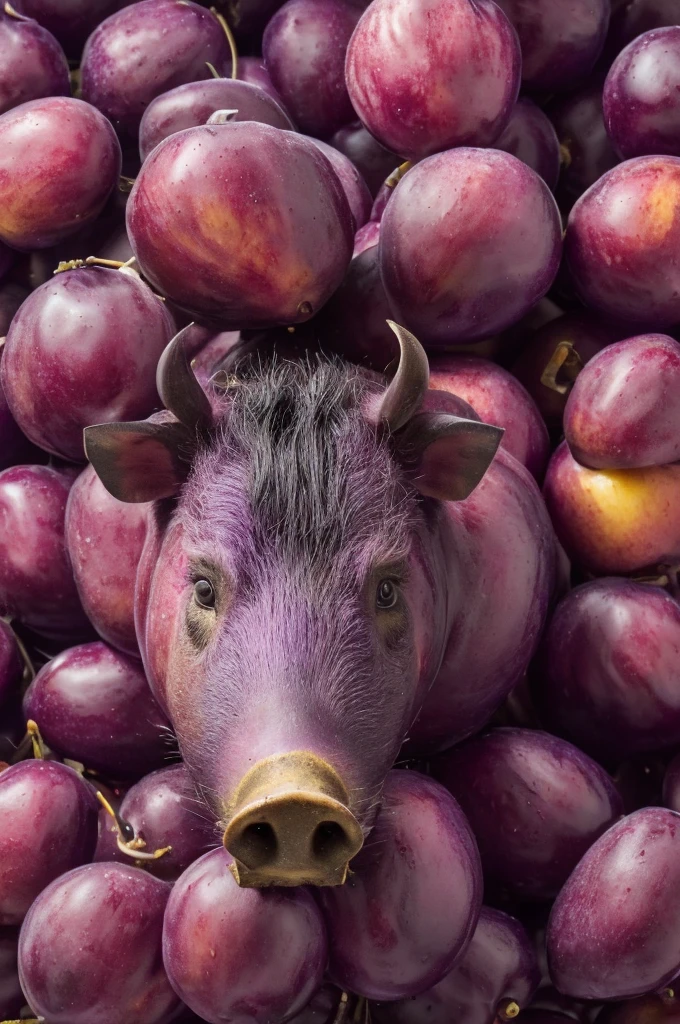 purple boar, boar made of plums, a plum boar, cute, boar skin is plum texture, nose is a plum, ears are plum slices, eyes are yellow and red, ConceptArt, (Masterpiece, Best Quality, Illustration, Fine Detail), ((Very Detailed CG Unity 8k Wallpaper, High Resolution)), High Saturation, Low Brightness