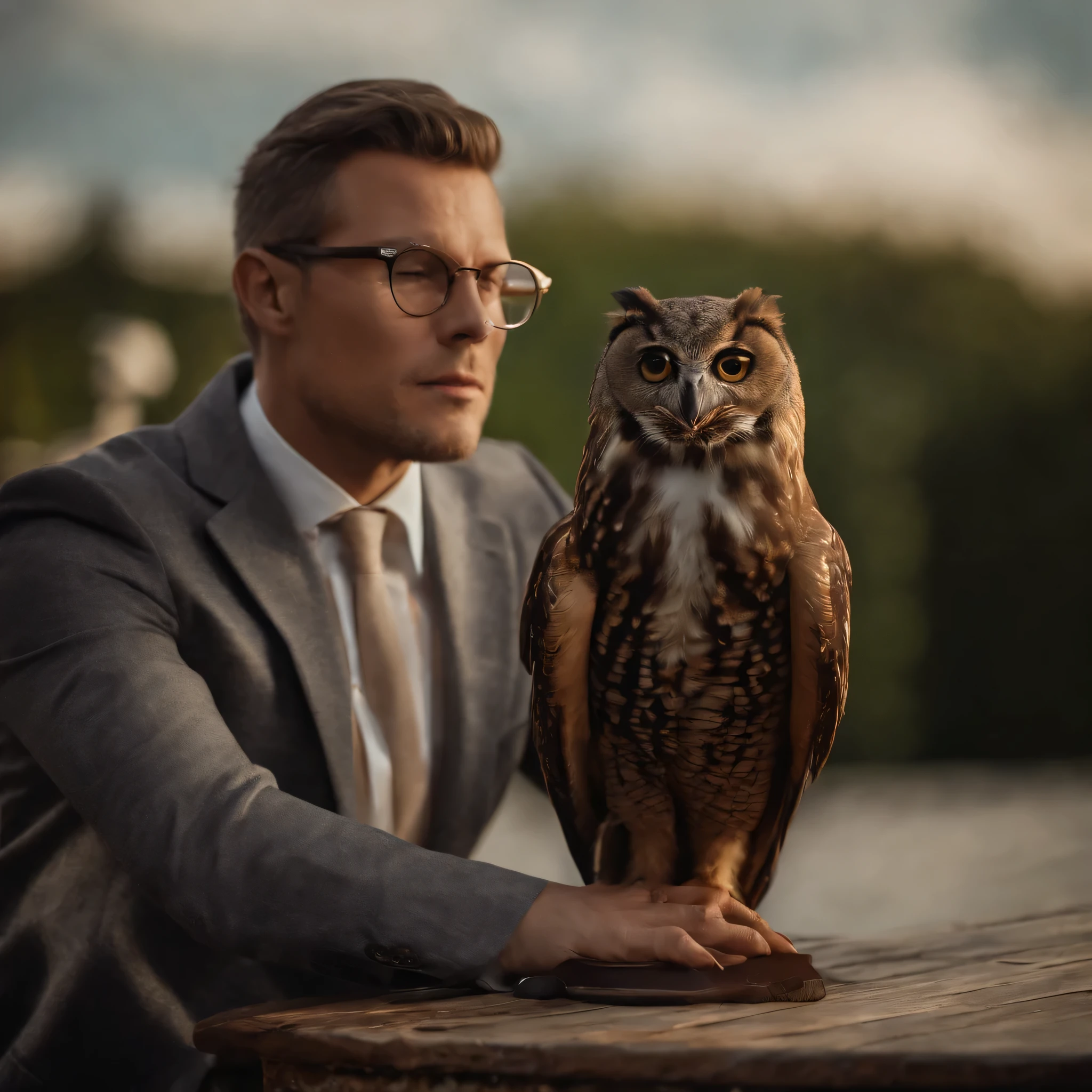 A man with brown hair wearing glasses and a brown suit with brown owl-like wings