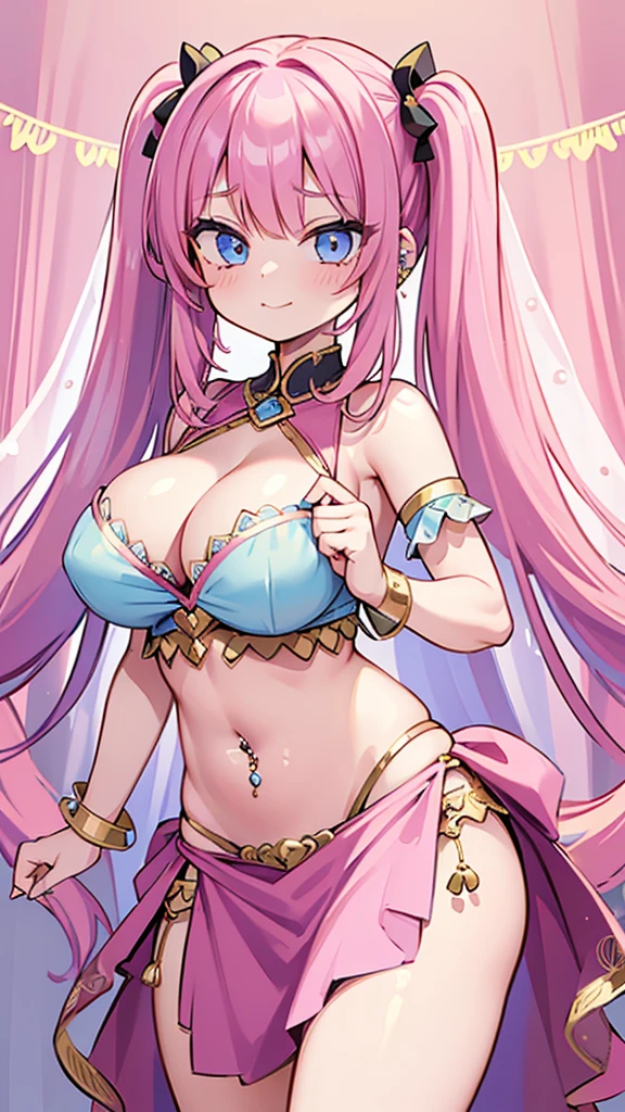 (masterpiece、Highest quality、Super detailed)、((One girl))、((Pink Hair))、((Twin tails))、((Light blue eyes))、evil smile、((Closed Mouth))、((lots of piercings))、Veil、((Very large breasts))、cleavage、((bellydancer))、Decorations、Cowboy Shot、Bedroom Background
