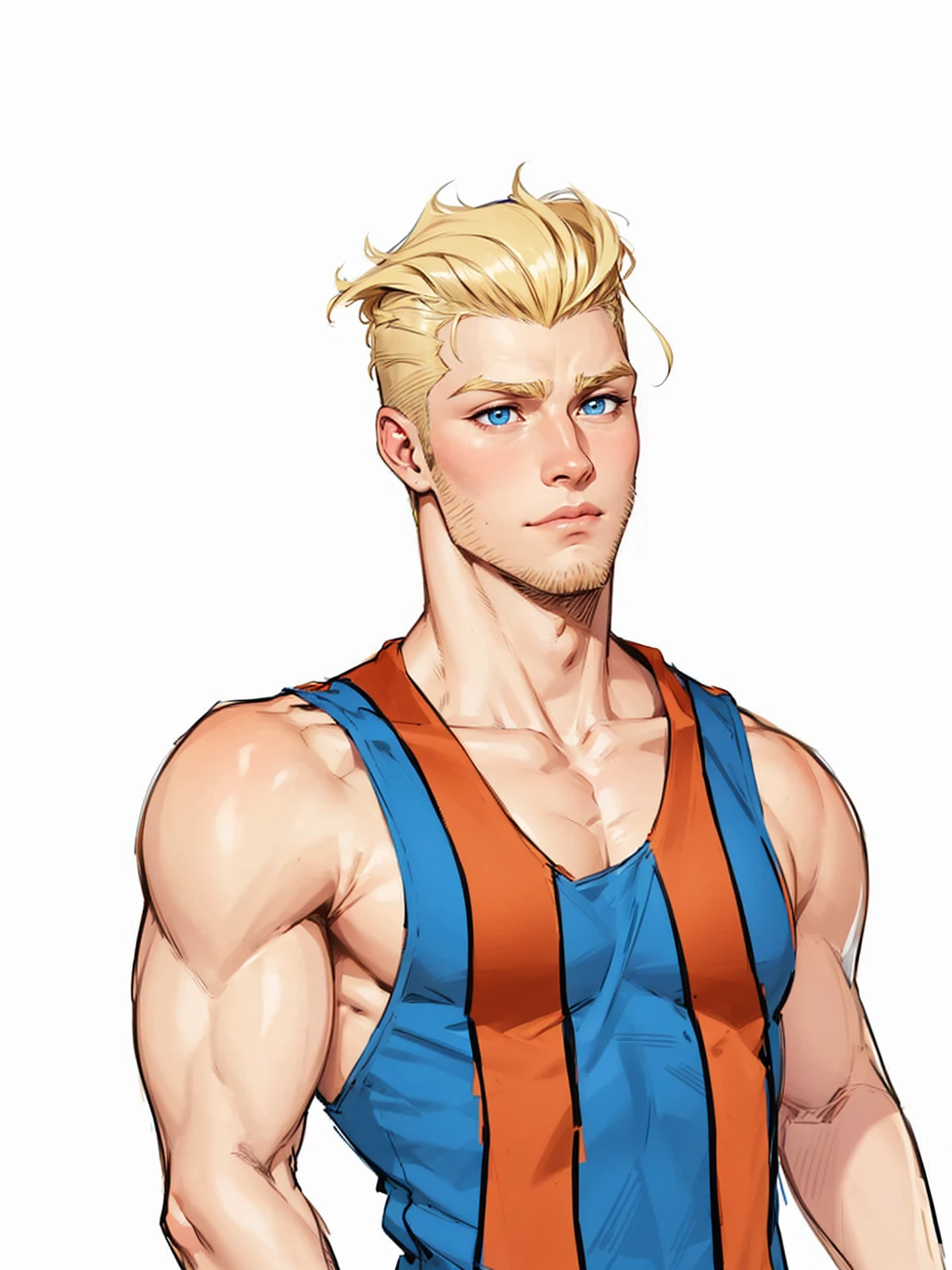 boy, 19 years old, very handsome, beautiful face, blue eyes, ruffled blonde hair, shaved on the sides, visible muscles, a thin beard and sparse sideburns, suspicious 