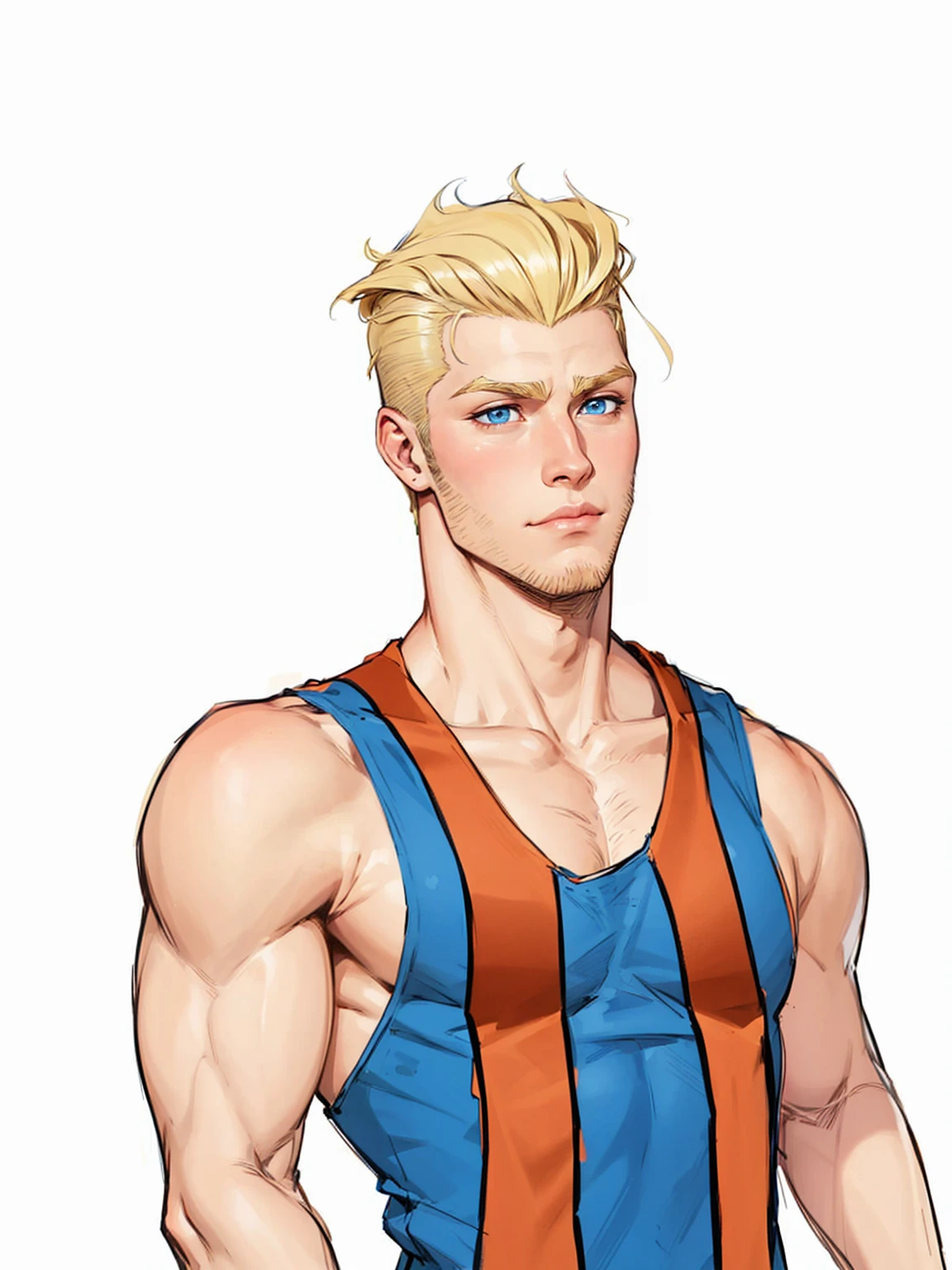 boy, 19 years old, very handsome, beautiful face, blue eyes, ruffled blonde hair, shaved on the sides, visible muscles, a thin beard and sparse sideburns, suspicious 