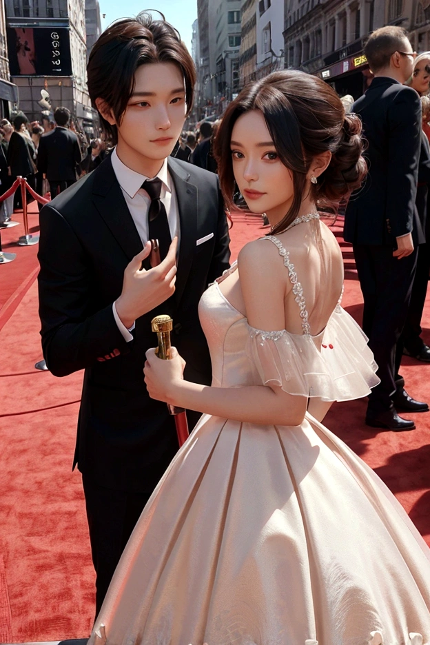 1 woman, 1 man, ideal , dress, Red carpet background, couple, Instagram Filter,
