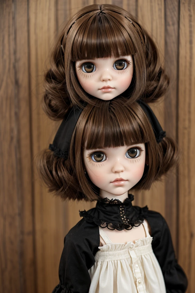 Pale skin Blythe doll with light brown hair and black eyes. Give her bangs and a messy layered haircut. With gothic style.