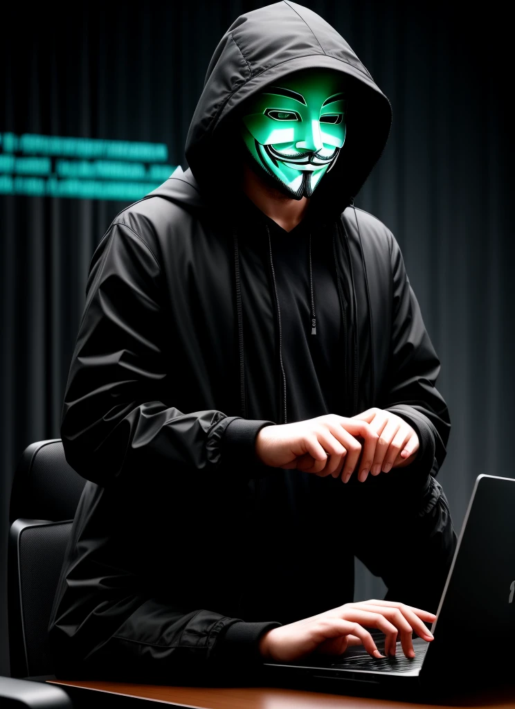 Anonymous hacker tampering with a laptop, 8K (High quality1,1) Evil Artificial Intelligence
