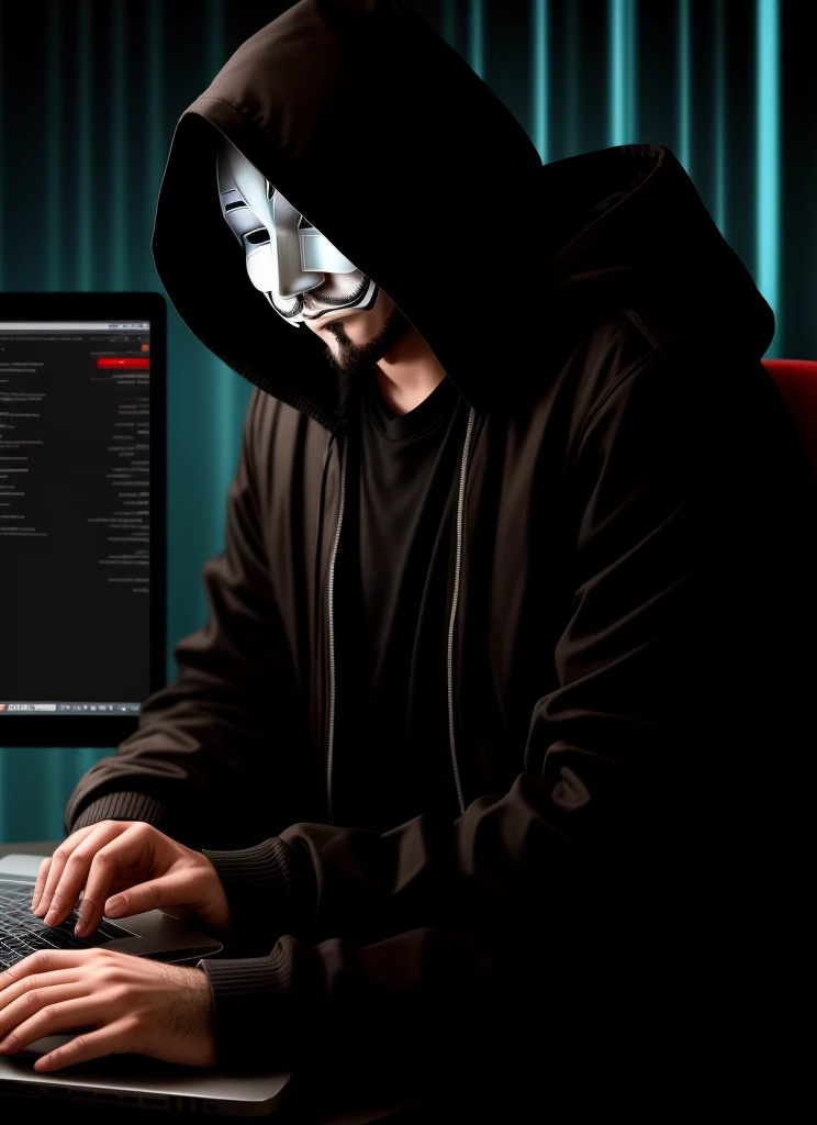 Anonymous hacker tampering with a laptop, 8K (High quality1,1) Evil Artificial Intelligence