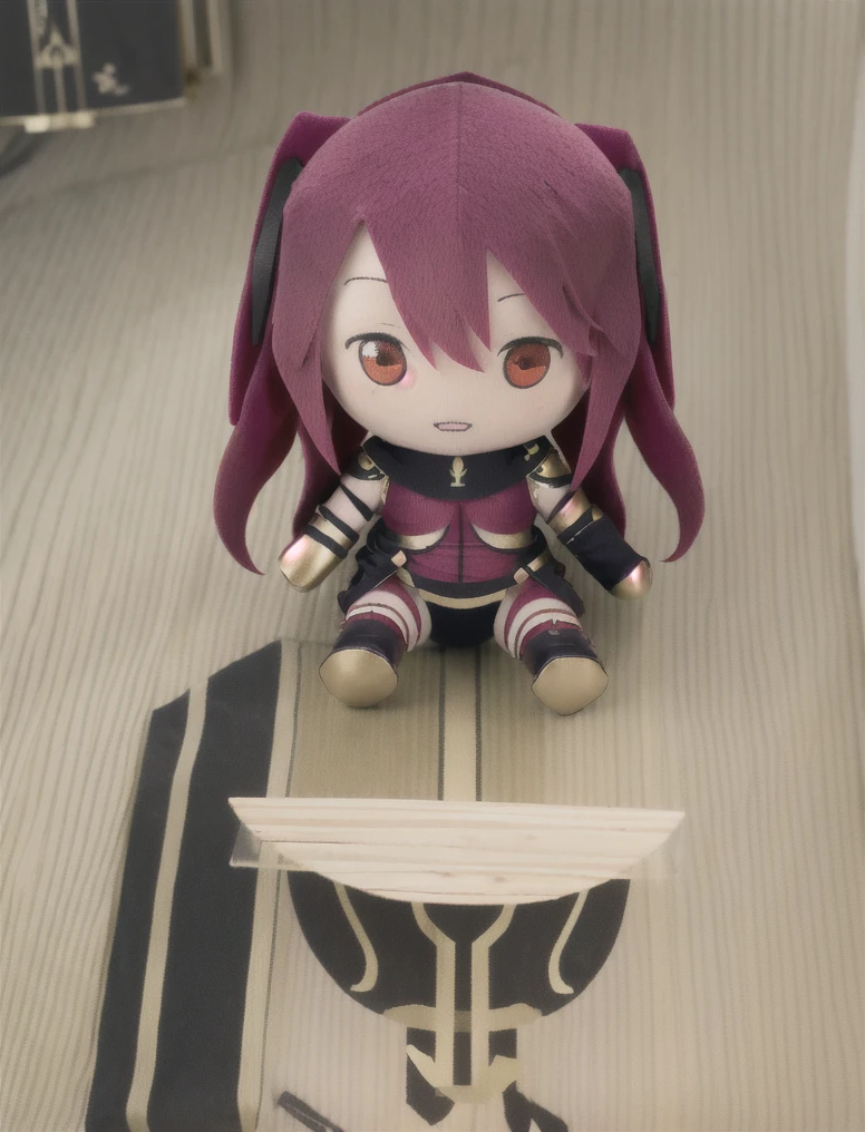 (highest resolution, distinct_image), Best quality, a female's masterpiece, highly detailed, semi realistic, ((fu1fu, charcter doll, chibi)), fumo \(doll\), scathach, ((long hair)), ((maroon hair)), (red eyes:1.5), (((large breasts))), ((armor)), ((bodysuit)), pauldrons, shoulder armor, short shorts, wooden table