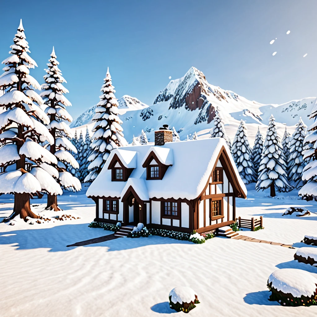 a white and brown cottage house in the middle of snow biome✨