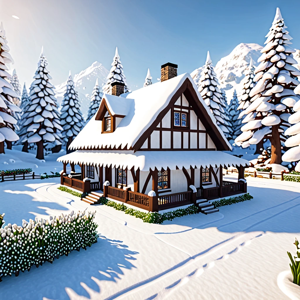 a white and brown cottage house in the middle of snow biome✨