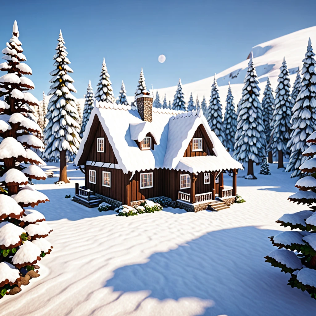 a white and brown cottage house in the middle of snow biome✨