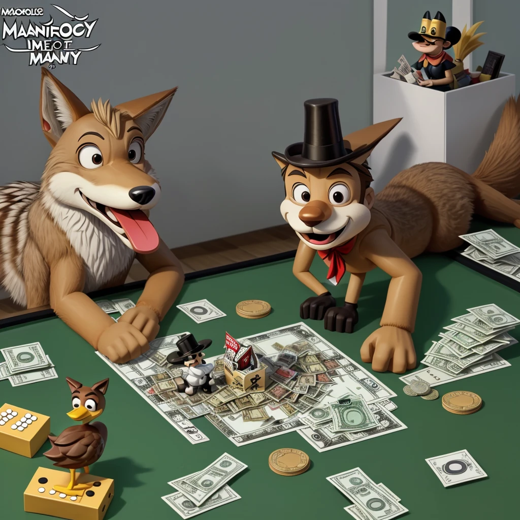 animated coyote with his friends ricky corner, mac duck and monopoly with a lot of money in dollars