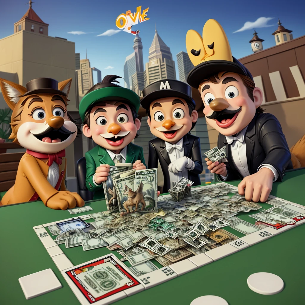 animated coyote with his friends ricky corner, mac duck and monopoly with a lot of money in dollars