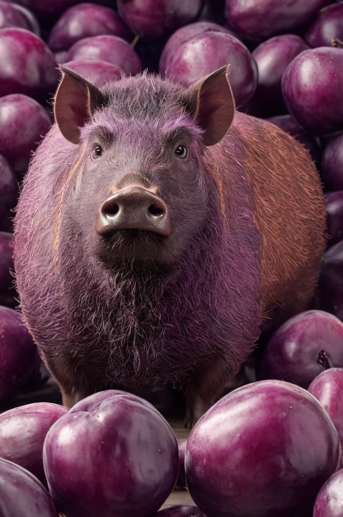 purple boar, boar made of plums, a plum boar, cute, boar skin is plum texture, nose is a plum, ears are plum slices, eyes are yellow and red, ConceptArt, (Masterpiece, Best Quality, Illustration, Fine Detail), ((Very Detailed CG Unity 8k Wallpaper, High Resolution)), High Saturation, Low Brightness